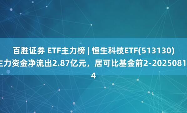 百胜证券 ETF主力榜 | 恒生科技ETF(513130)主力资金净流出2.87亿元，居可比基金前2-20250814